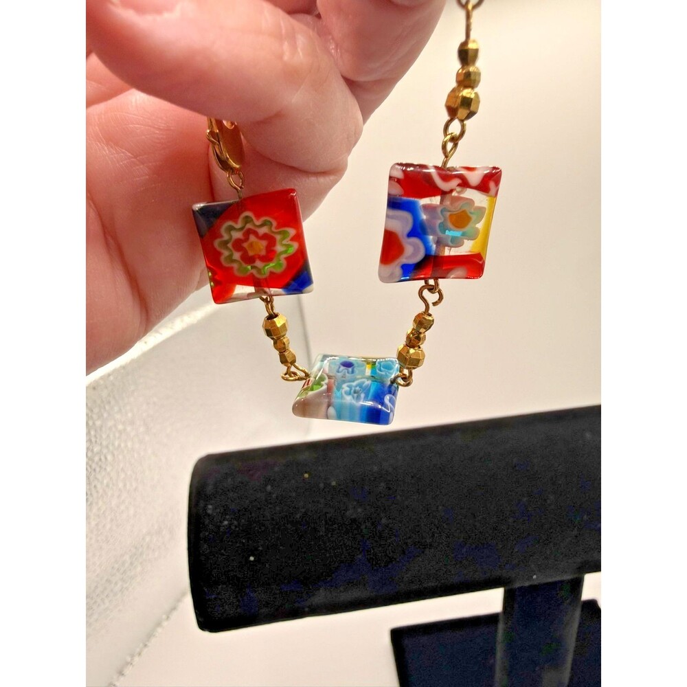 Millefiori Glass Square Bead Bracelet Multicolor Murano Style Gold Tone 8"